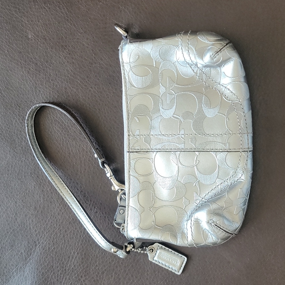 Authentic Coach Silver Leather Wristlet